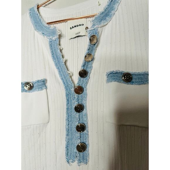 SANDRO Alecia White Blue Ribbed Raw Denim Hem Gold Buttons Dress Size Small - Picture 8 of 11